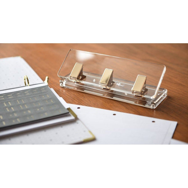 Clear Acrylic Mini 3-Hole Punch, 8.5 x 2.75 x 2.75, 10 Sheet Capacity,  with Gold Tone Hardware (37135)