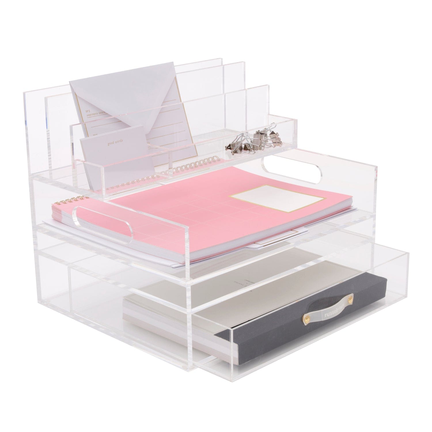 Clear Acrylic Stackable Side Loading Letter Tray + Storage Drawer, 12.5 ...