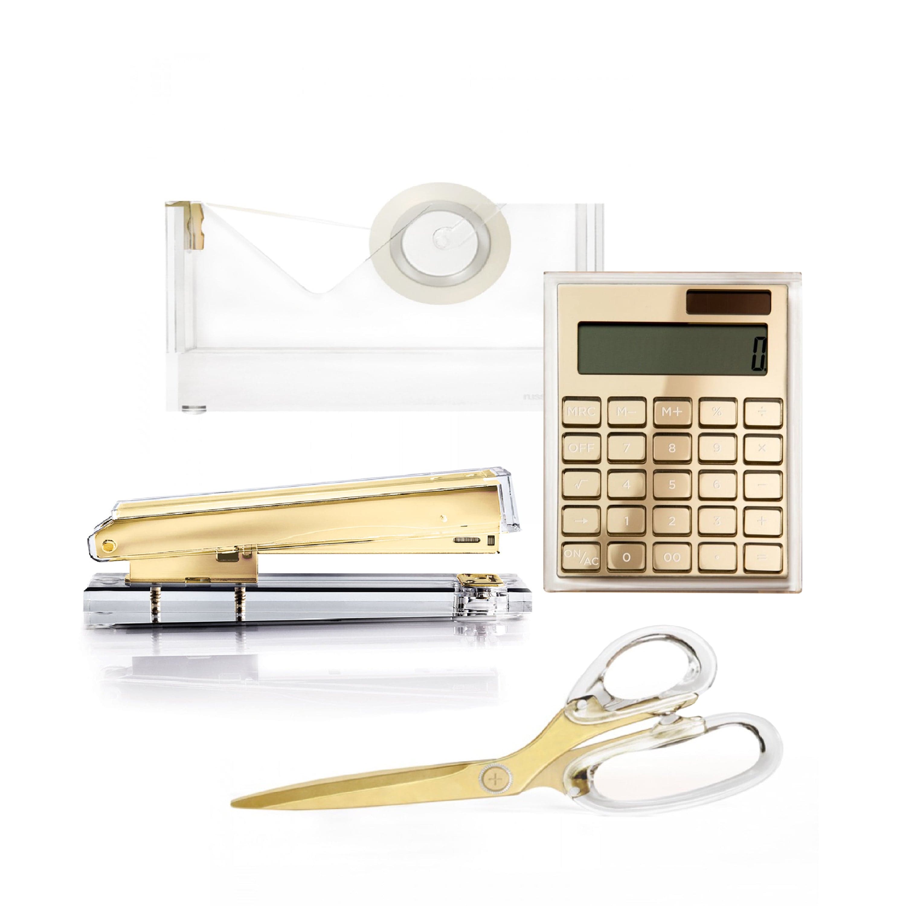 Gold Acrylic Desktop Accessory Bundle including Calculator, Tape